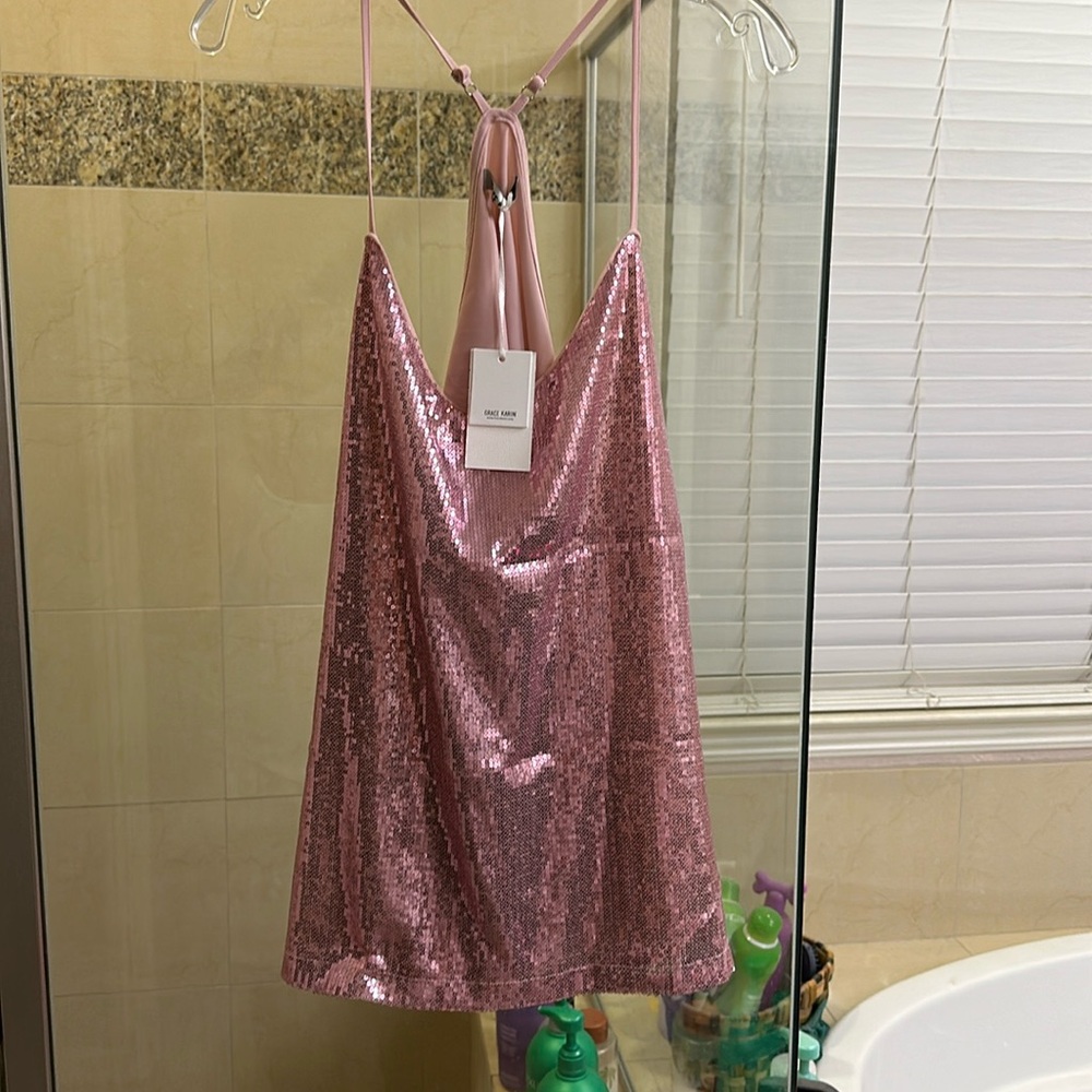Grace Karin Pink Sequin Tank Top